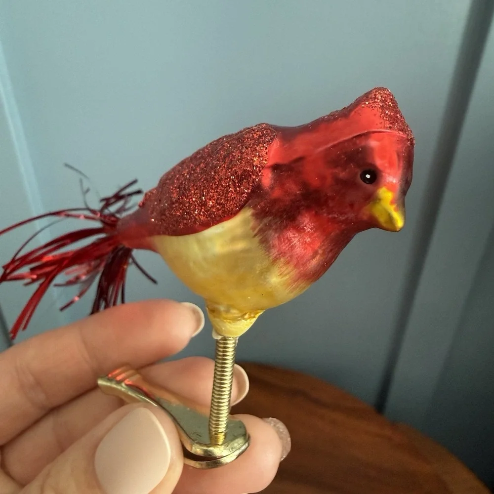 Vintage Glass‎ Clip On Bird Ornaments 2 Cardinal Tinsel Tail Glitter German F/W